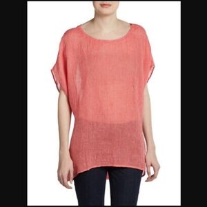 EILEEN FISHER Linen Gause Pinstriped HI Low Boxy Tunic Top Blouse Small
